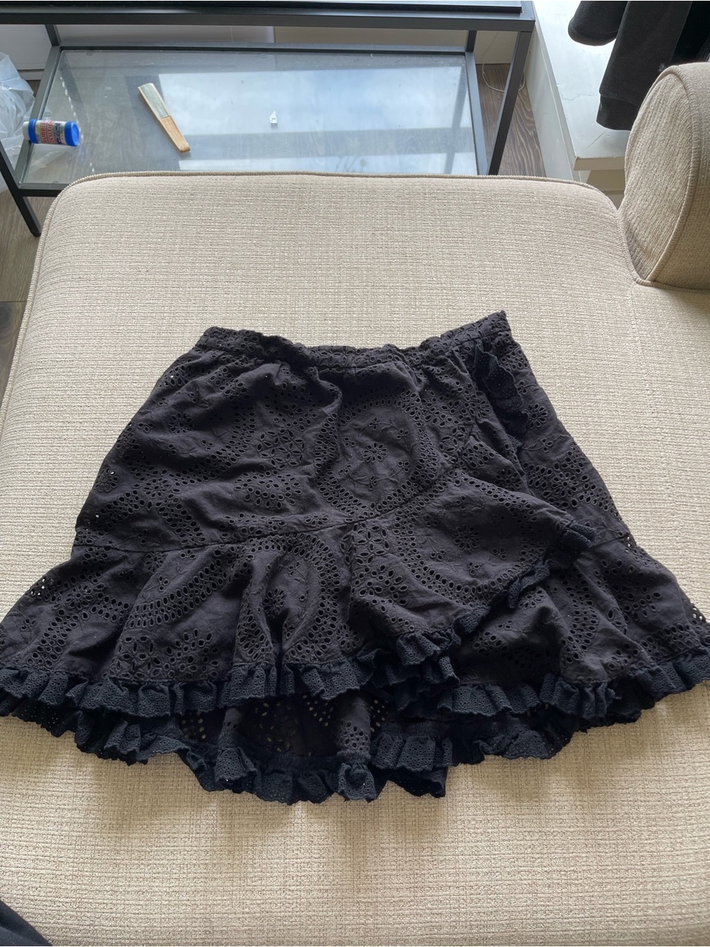 LoveShackFancy Black Eyelet Ruffle Mini Skirt